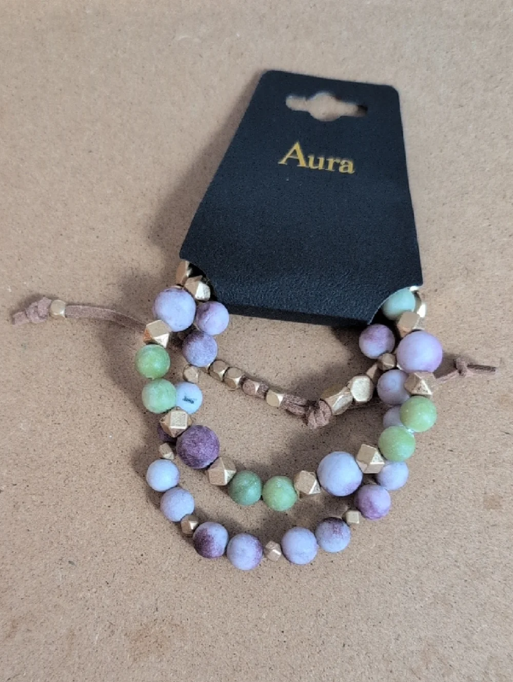 Matte Bead Stretch Bracelet Set with Gold Accents - Green & Purple